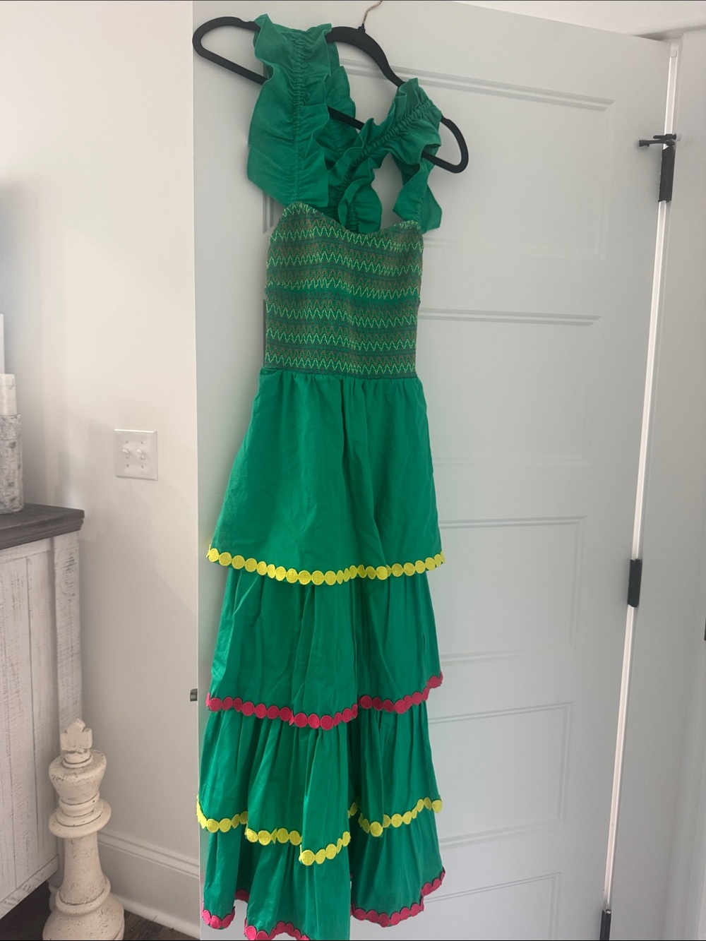 Green Tiered Ruffle Theater Dress with Decorative Trim